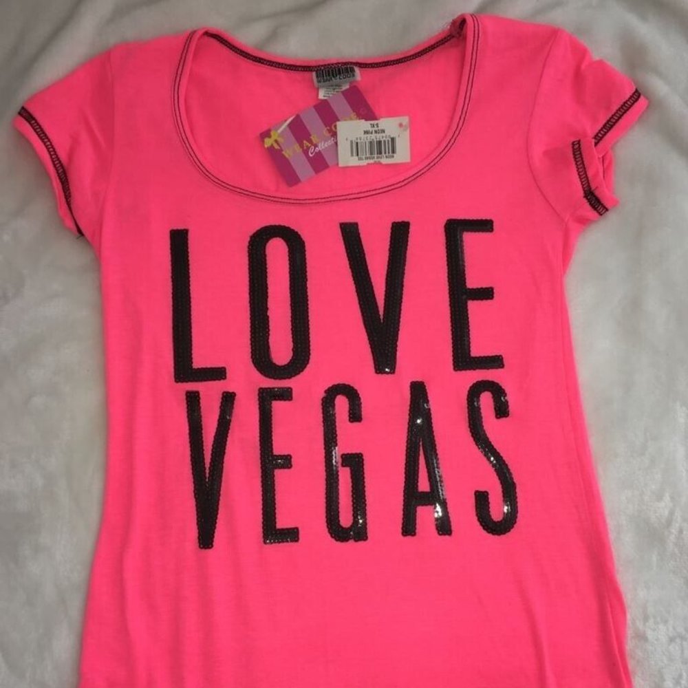 Love Vegas Hot Pink Black Sequins T Shirt NWT New Size Medium M